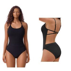 Small Black Ribbed One Piece Swimsuit Open Back High Cut Tummy Control NWT